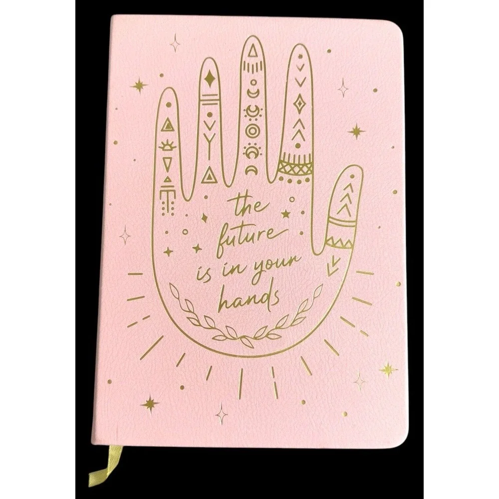 10 Metallic Color Pens & Pink 6x8 Faux Leather Journal Celestial Hand 128 Sheets